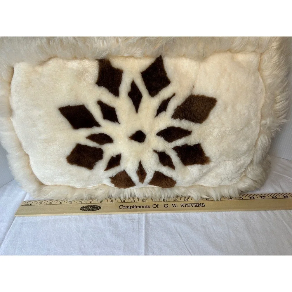 Vintage Plush Throw Pillow Cream Brown Snowflake Shaggy Faux Fur Accent Pillow